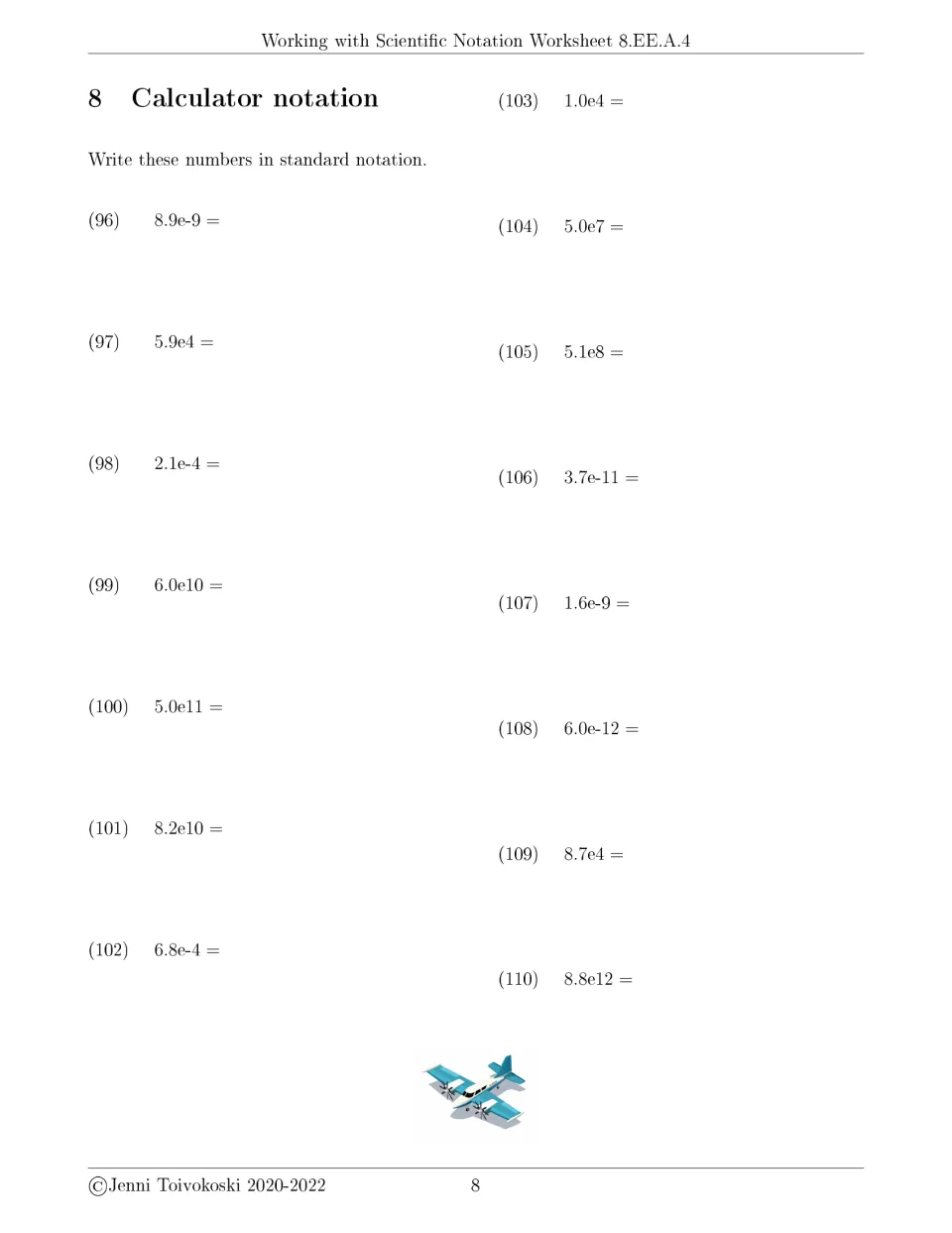 Calculator notation exercises 96–110 ask for standard notation equivalents of numbers such as 8.9e-9 and 5.9e4