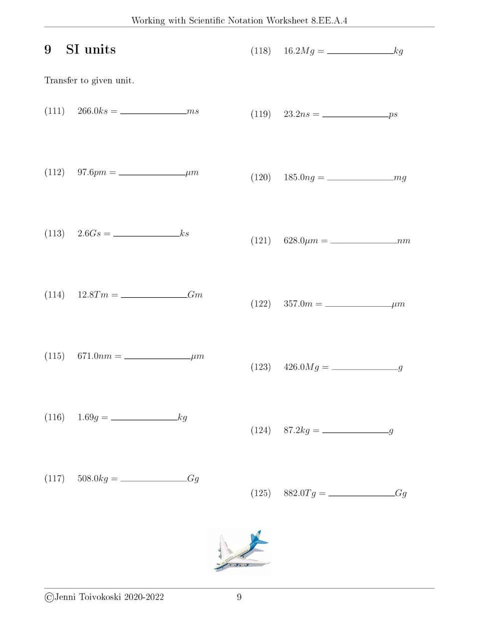 SI unit conversion exercises 111–125 include 266.0 ks to ms, 97.6 pm to μm, and 2.6 Gs to ks