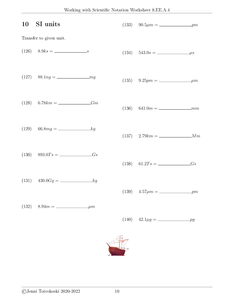 SI unit conversion exercises 126–140 include 8.9 ks to s, 88.1 ng to mg, and 6.78 km to Gm