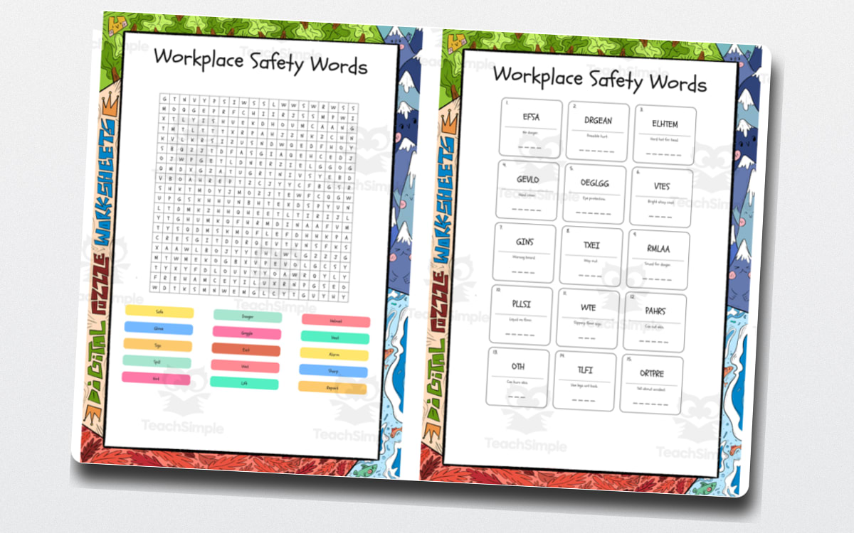 Workplace Safety Words word search, scramble and crossword puzzle teaching resource preview