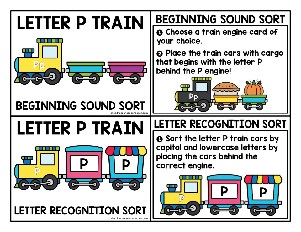 Letter P train task labels and directions for sorting beginning-sound cargo and uppercase or lowercase letters