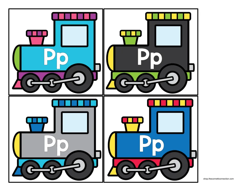 Letter P train engine cards 5–8 of 8: turquoise, black, gray, and blue engines, each labeled with Pp