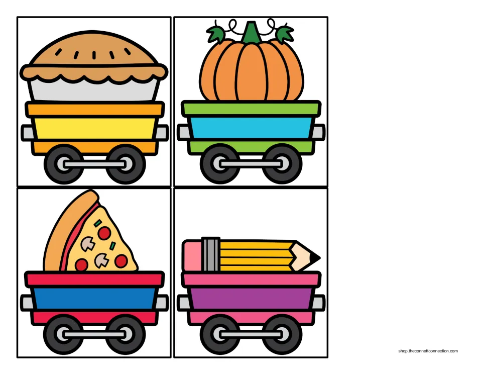 Beginning P sound cargo cards 1–4 of 12: train cars carrying a pie, pumpkin, pizza slice, and pencil