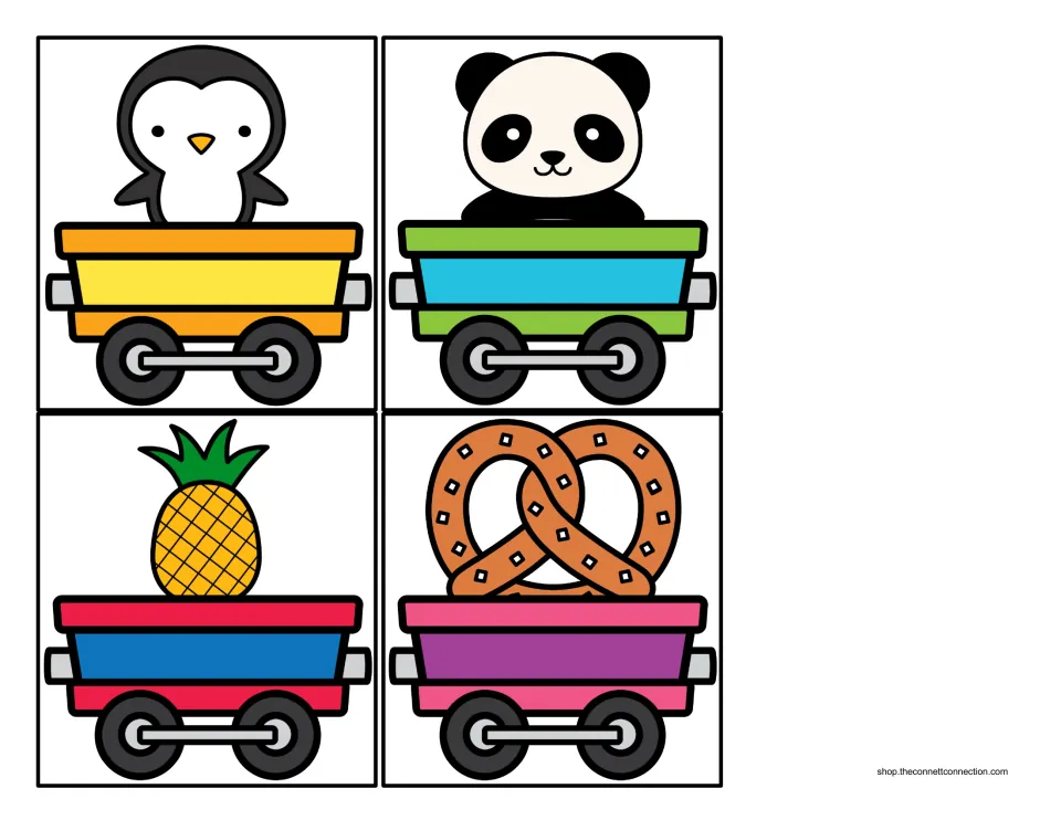 Beginning P sound cargo cards 5–8 of 12: train cars carrying a penguin, panda, pineapple, and pretzel