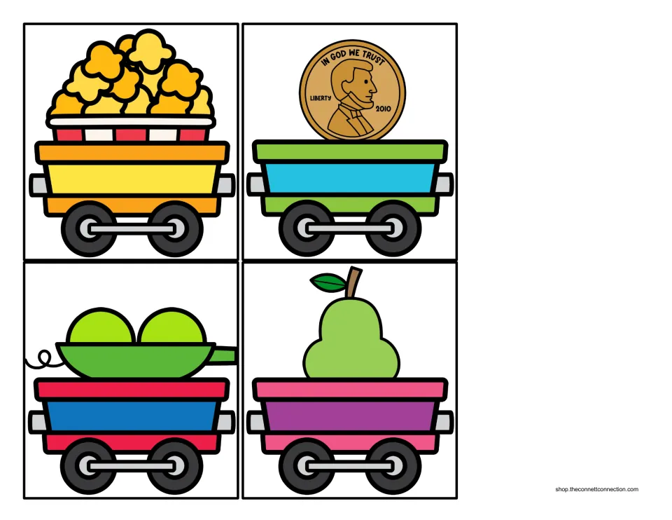 Beginning P sound cargo cards 9–12 of 12: train cars carrying popcorn, a penny, peas in a pod, and a pear