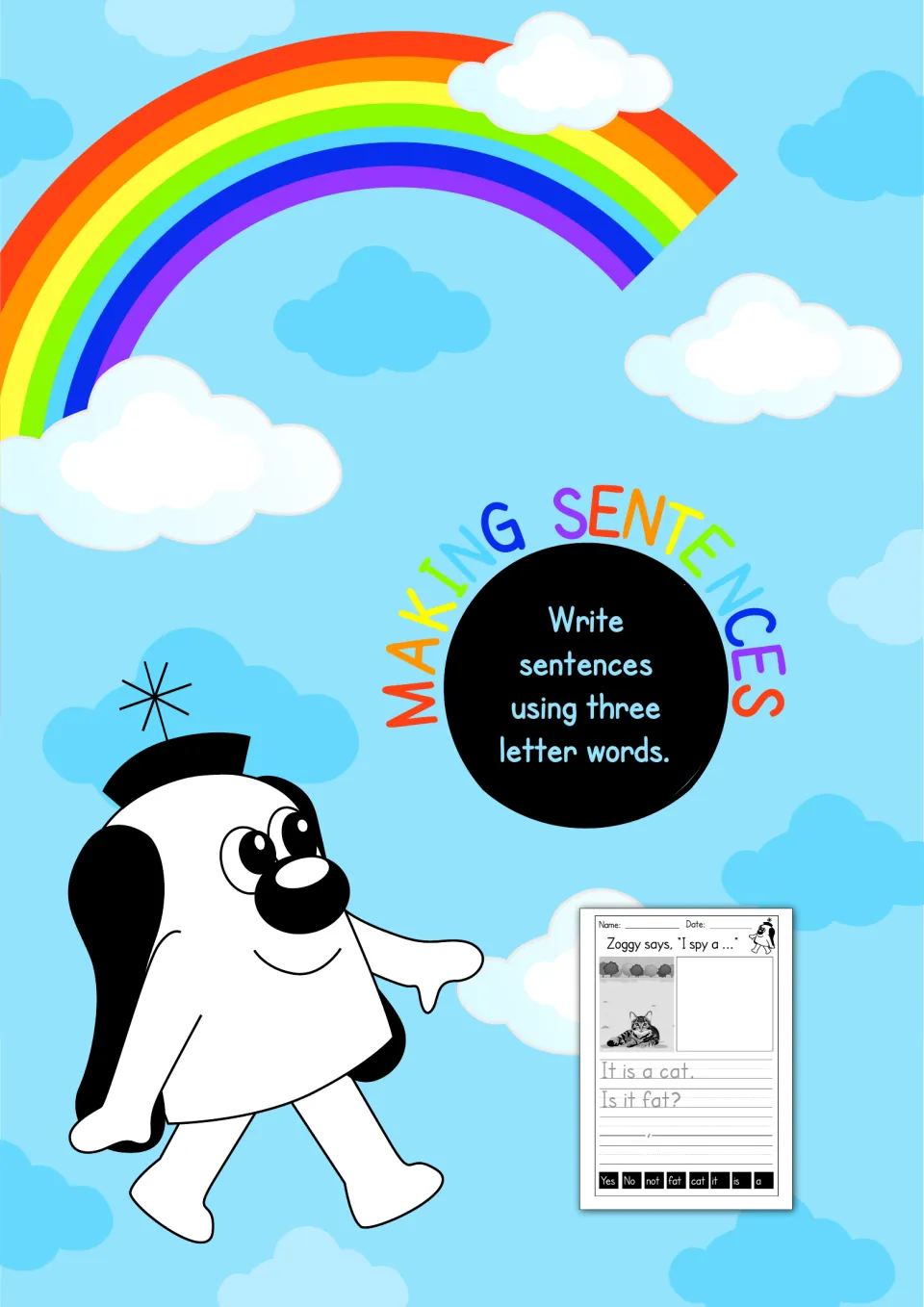 Making Sentences cover: write sentences using three letter words, shown with Zoggy the character and a sample cat page