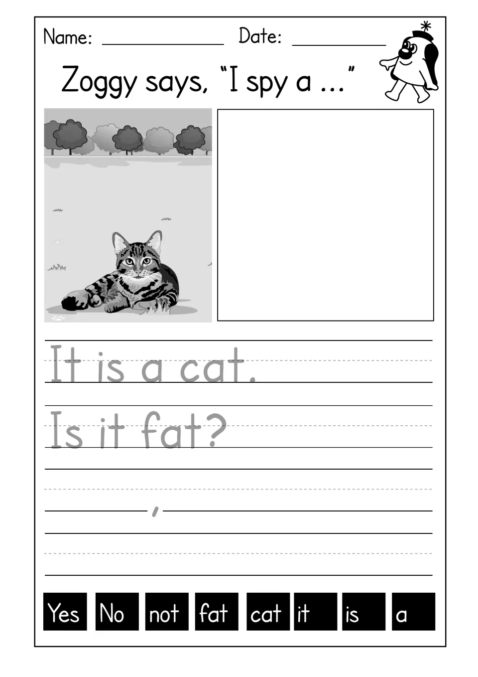 I spy a cat: students trace "It is a cat. Is it fat?" then answer with Yes or No using word bank words like not, fat