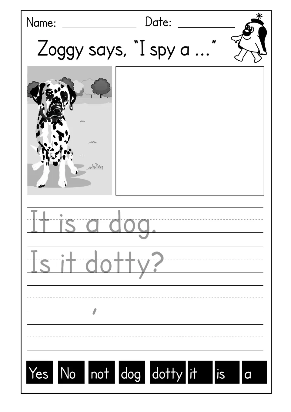 I spy a dog: students trace "It is a dog. Is it dotty?" beside a spotted dog picture, then write a yes or no answer