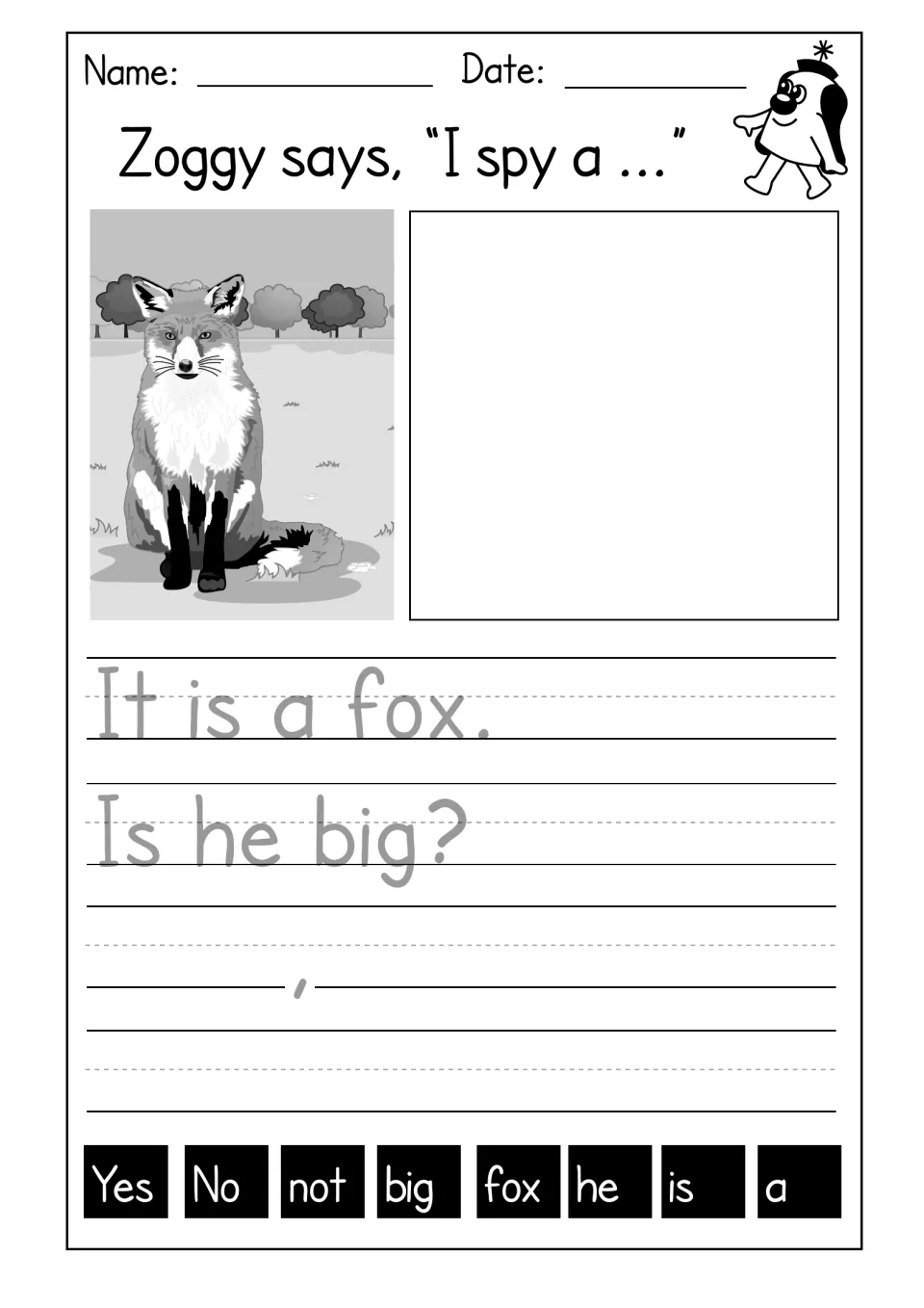 I spy a fox: students trace "It is a fox. Is he big?", draw the fox and write an answer from words such as big, not