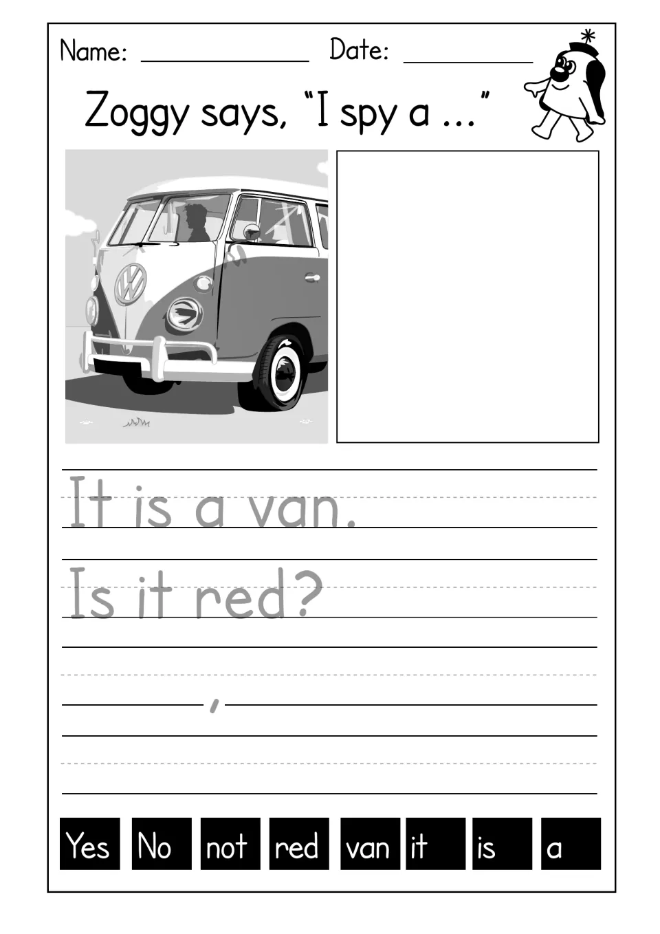 I spy a van: students trace "It is a van. Is it red?", draw a picture, then write their own answer using van and red