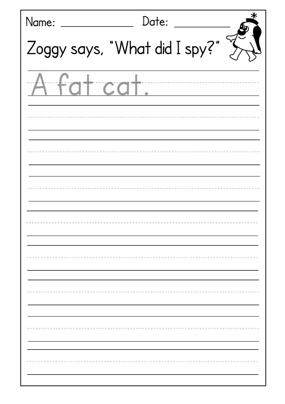 What did I spy? Students trace the example answer "A fat cat." and then write more sentences of their own below