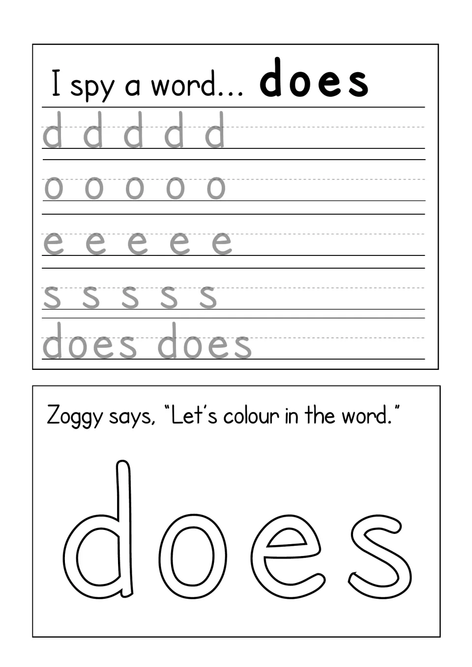 I spy a word... does: tracing d, o, e and s five times each and the word does twice, plus colouring an outlined does