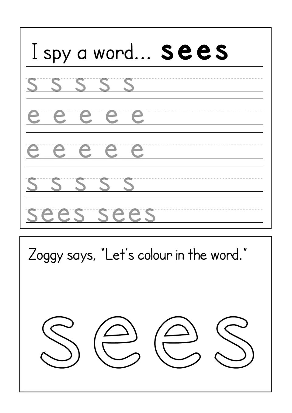 I spy a word... sees: children trace s, e, e and s letter rows, write over sees twice, then colour the outline of sees