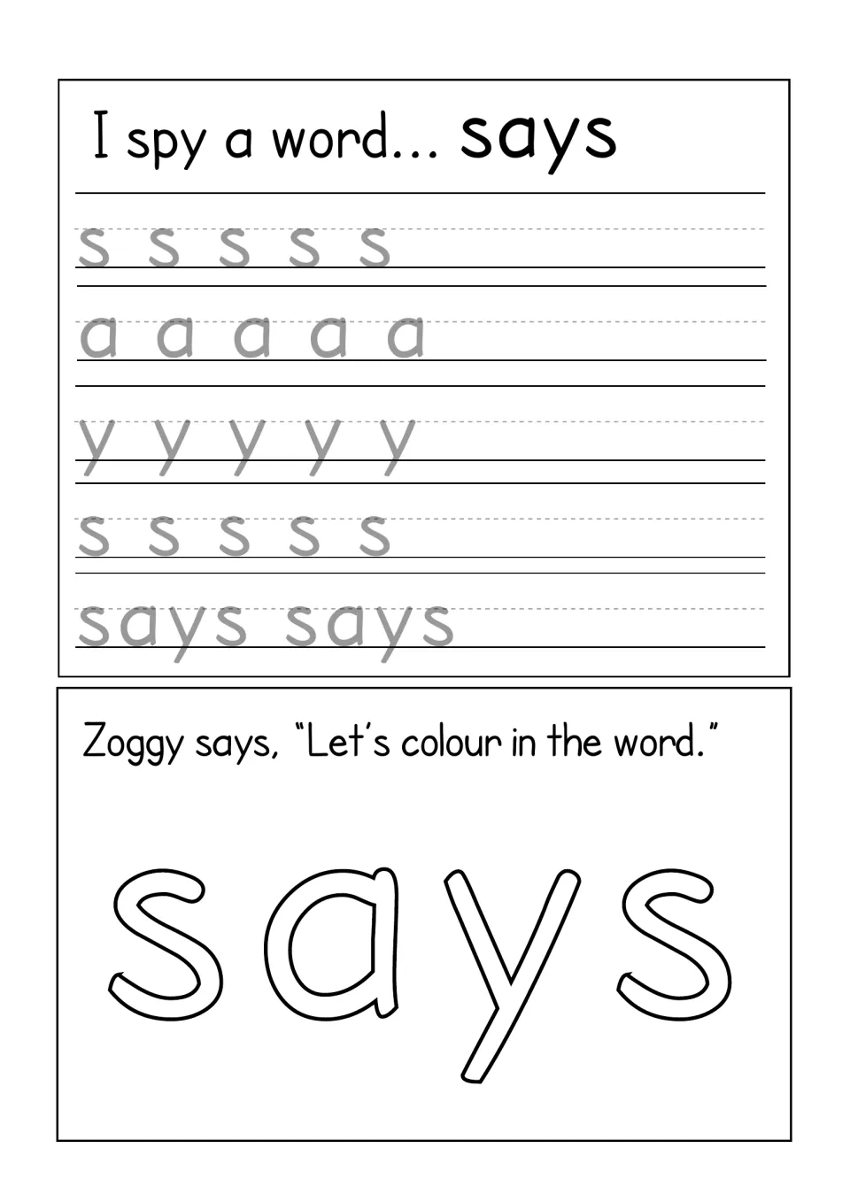 I spy a word... says: letter-by-letter tracing of s, a, y and s, two traced copies of says and a bubble says to colour