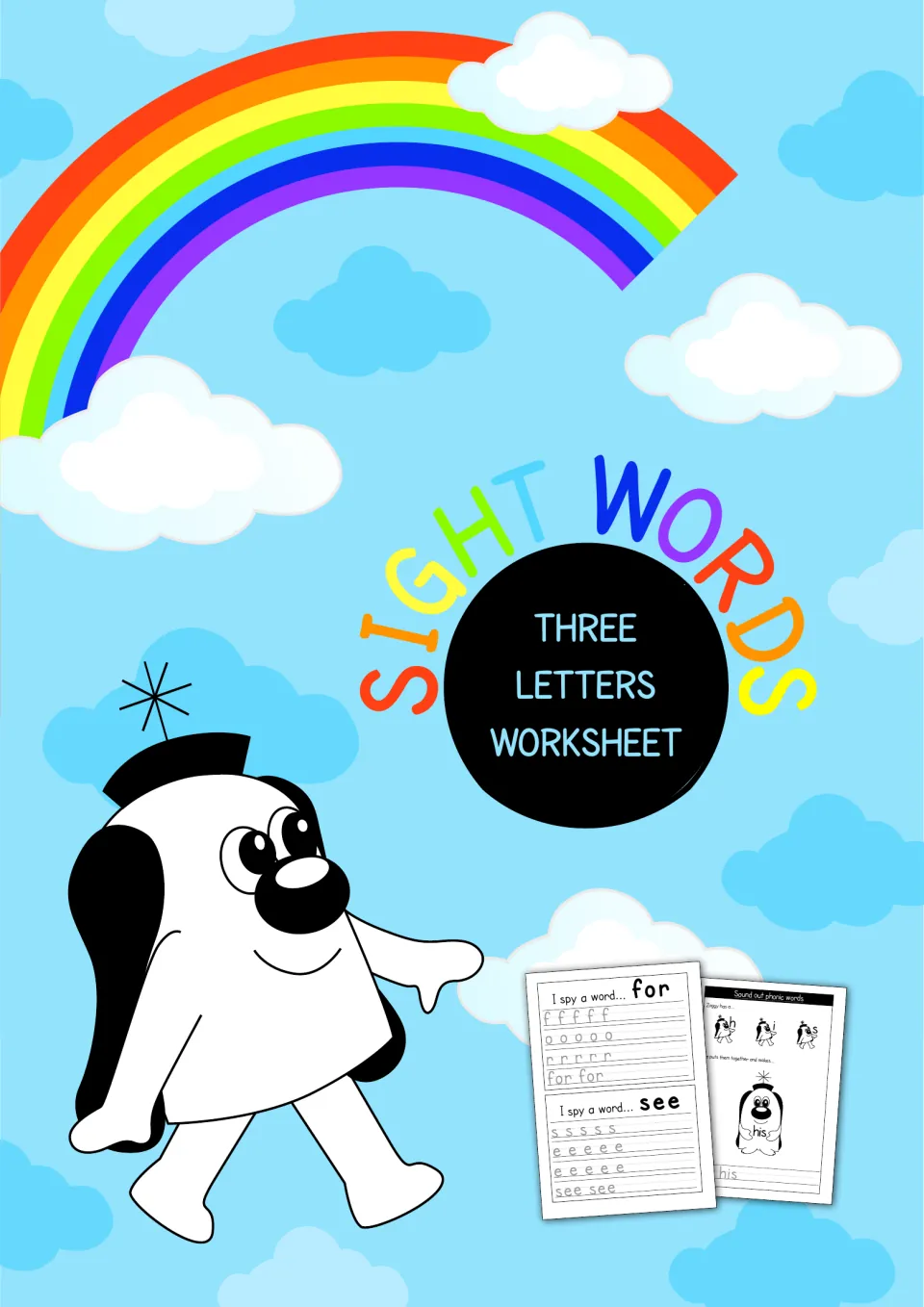 Sight Words Three Letters Worksheet cover: Zoggy the cartoon dog under a rainbow, beside tracing and phonics page samples