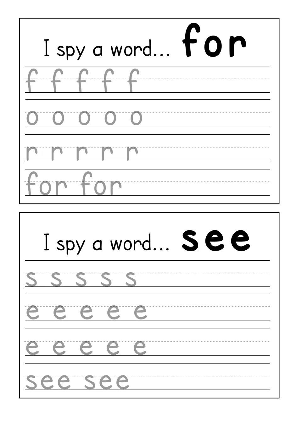 I spy a word for and see: students trace each letter five times, then trace the whole word twice for handwriting practice