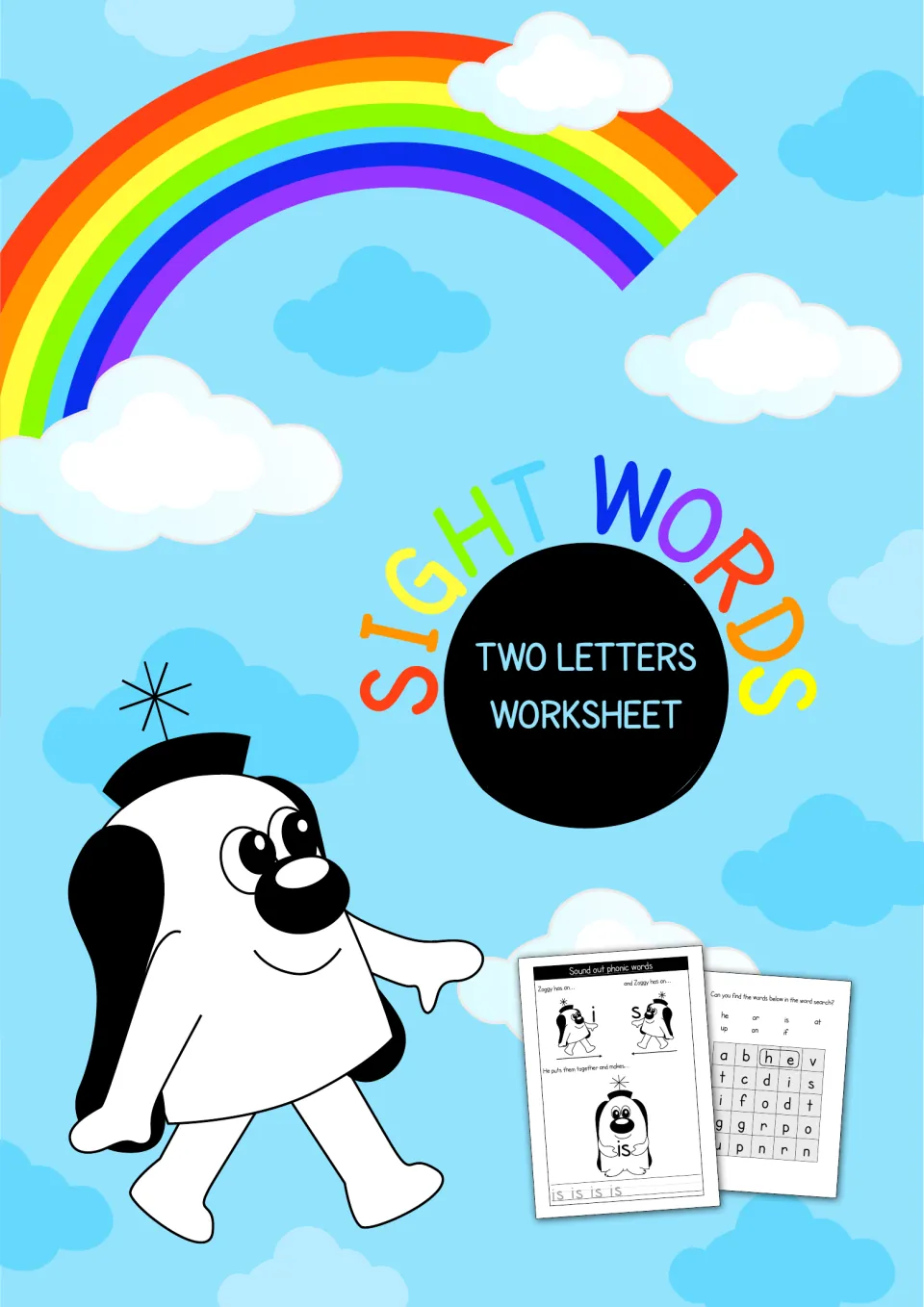 Sight Words Two Letters Worksheet cover: Zoggy the dog under a rainbow with sample sounding-out and word search pages