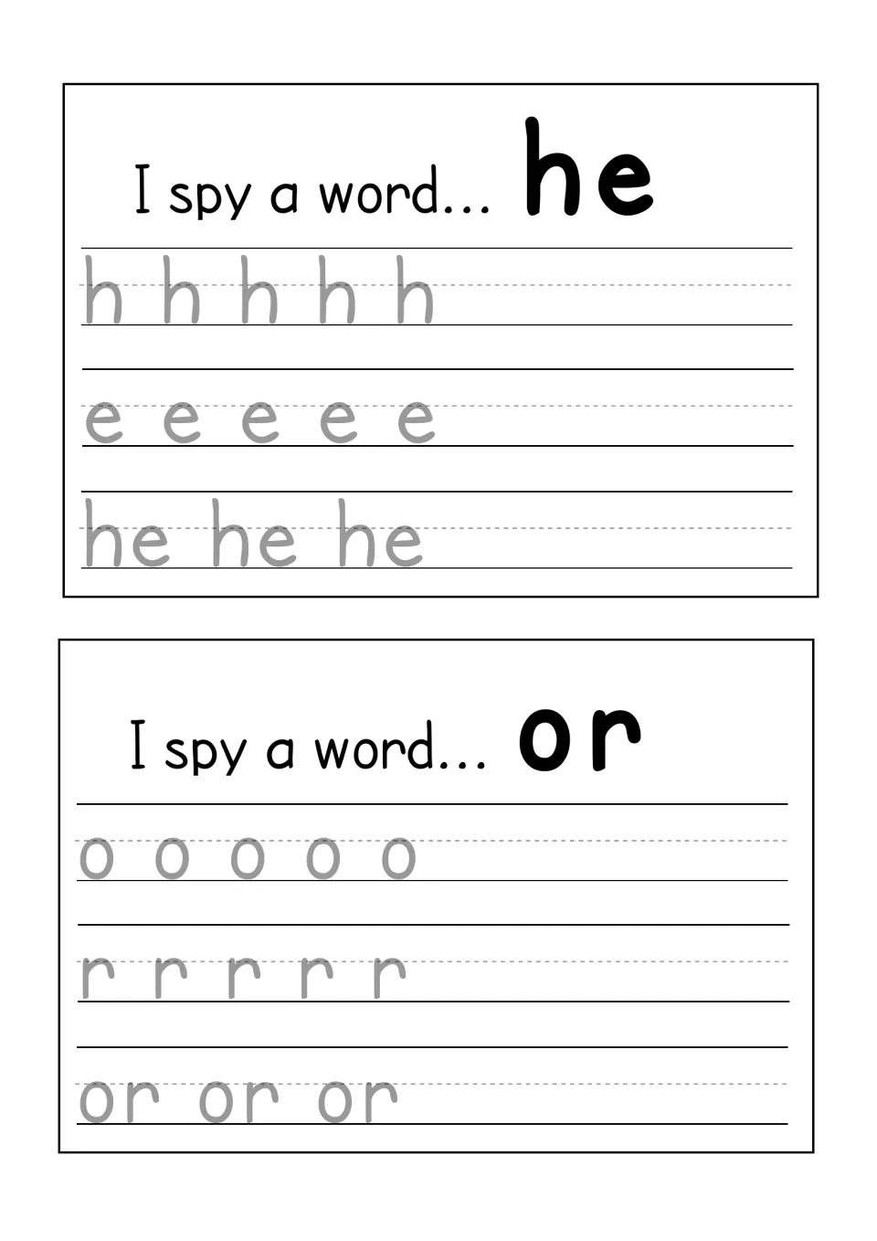 I spy a word: students trace h, e and he, then o, r and or, practising letter formation and writing two sight words