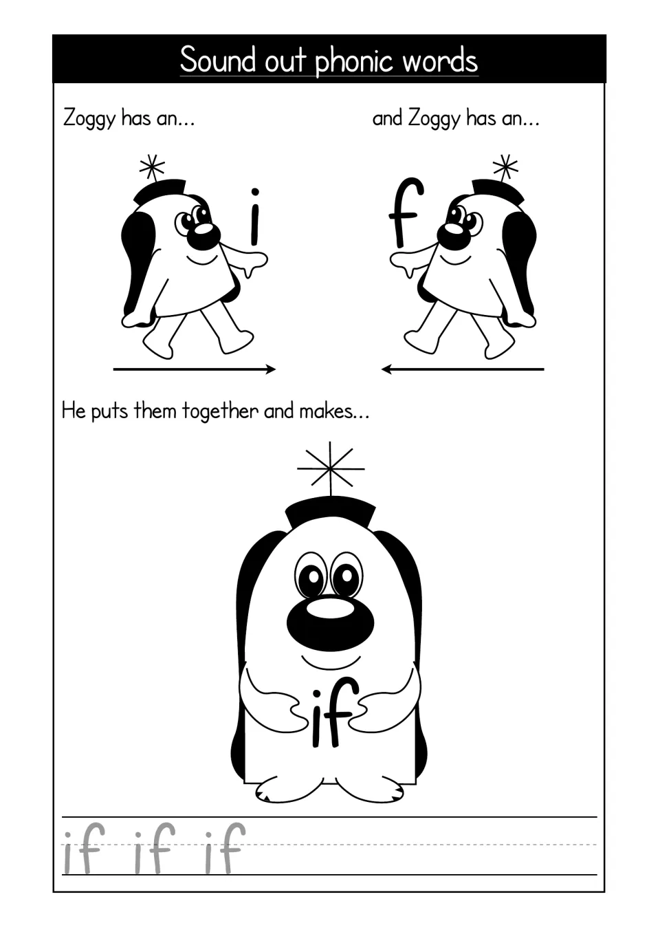 Sound out phonic words: Zoggy puts the letters i and f together to make the word if, then students trace if three times