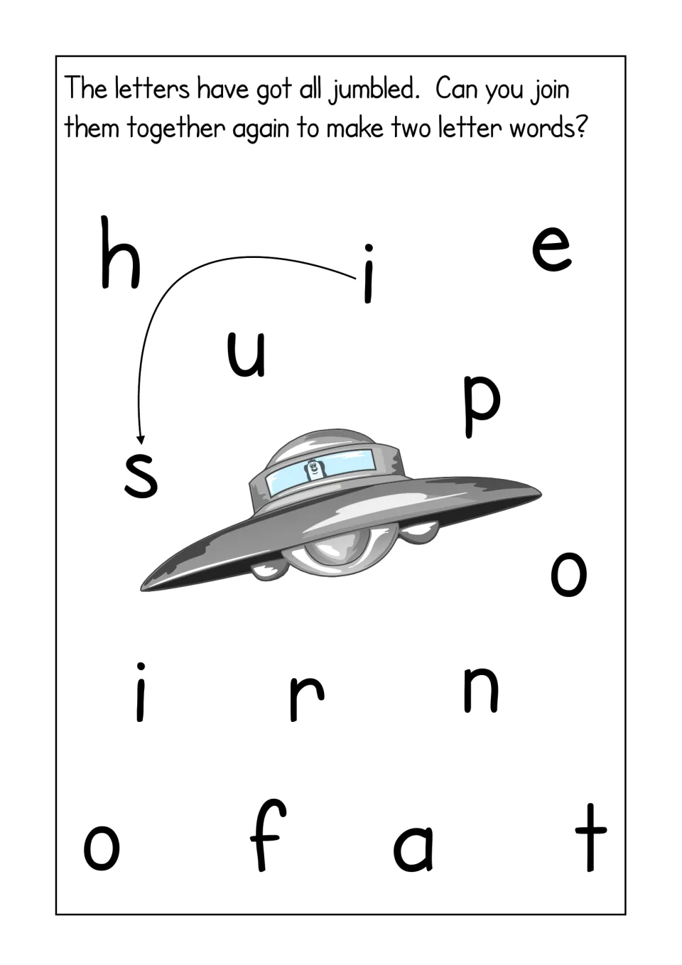Jumbled letters around a flying saucer: students draw arrows joining letters into two-letter words, with i to s as example