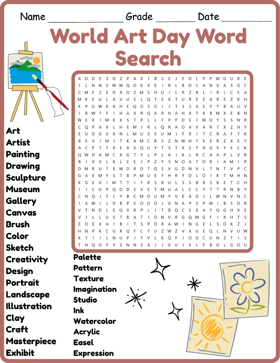 Art vocabulary word search in color: students find 30 words such as sculpture, palette, easel and watercolor