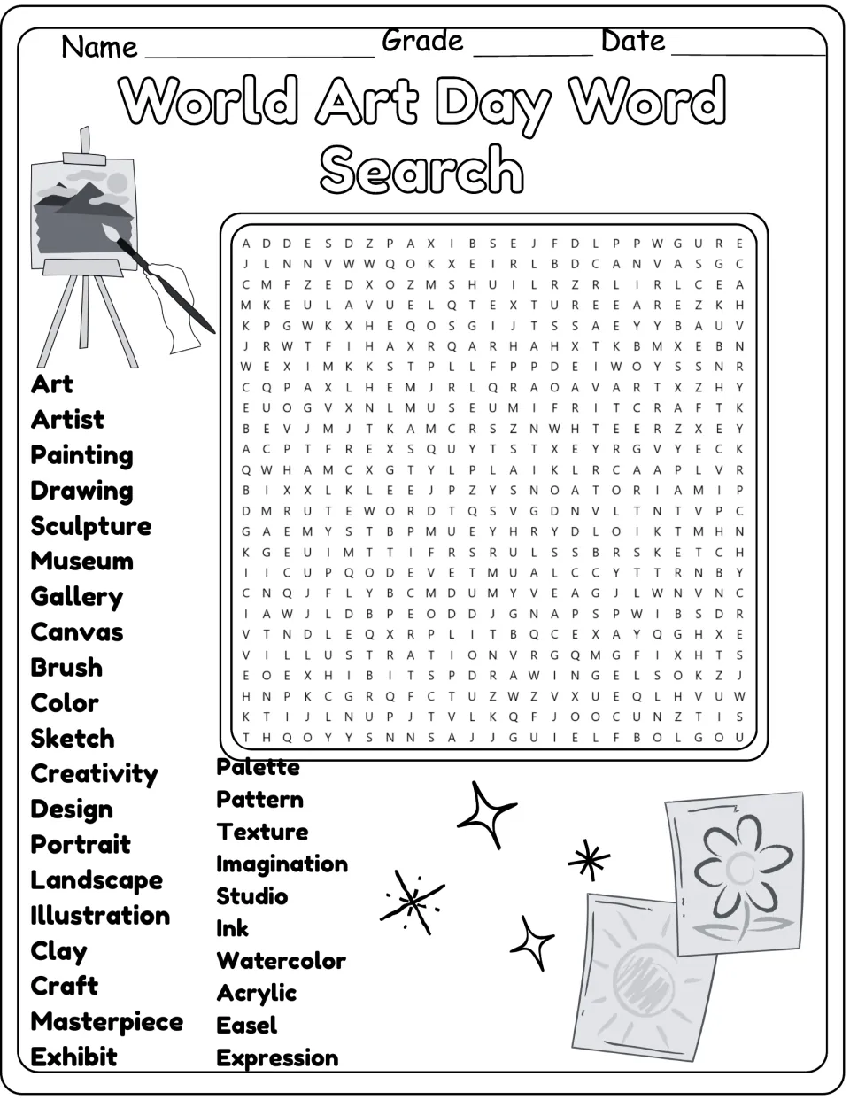 Black-and-white version of the art word search: students locate museum, canvas, portrait, clay and 26 other art terms