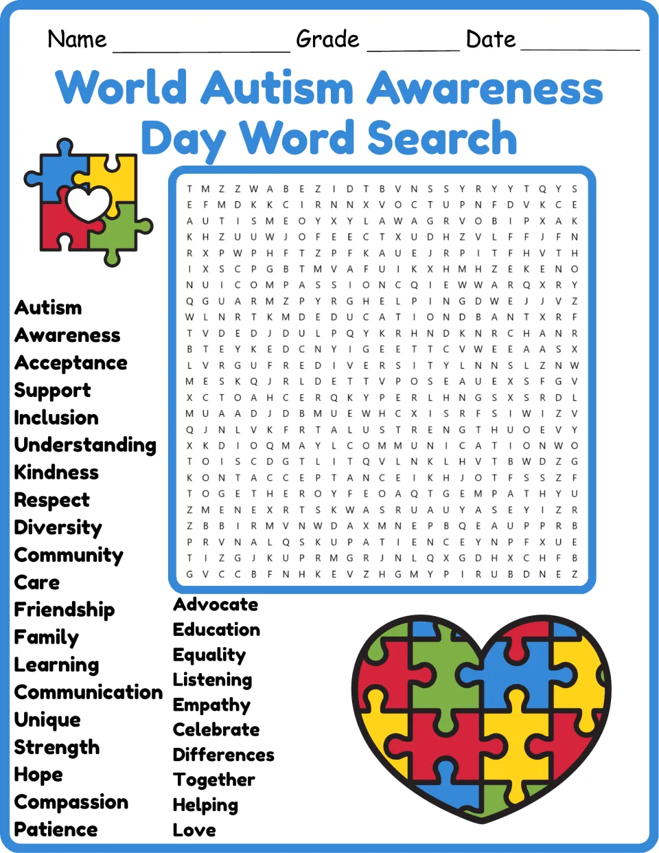 Autism awareness word search in color: students find 30 words such as acceptance, inclusion and empathy in a letter puzzle