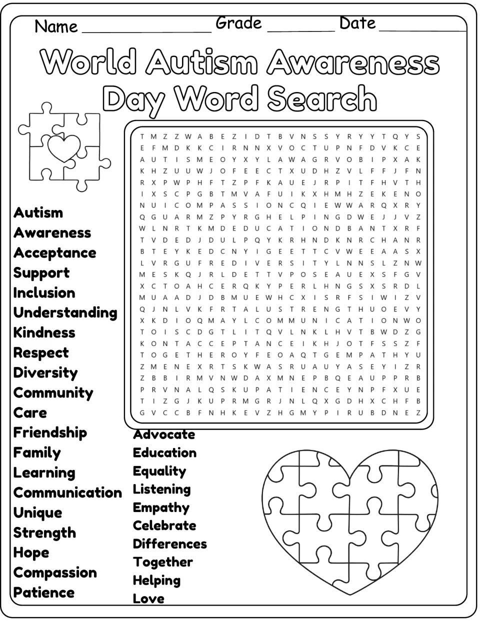 Black-and-white autism awareness word search: students circle 30 hidden words like kindness, respect and diversity