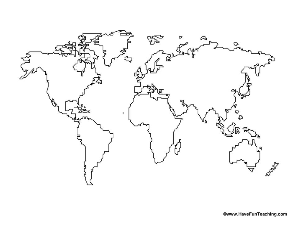 Blank world map worksheet for labeling and coloring, showing continent outlines without country borders.