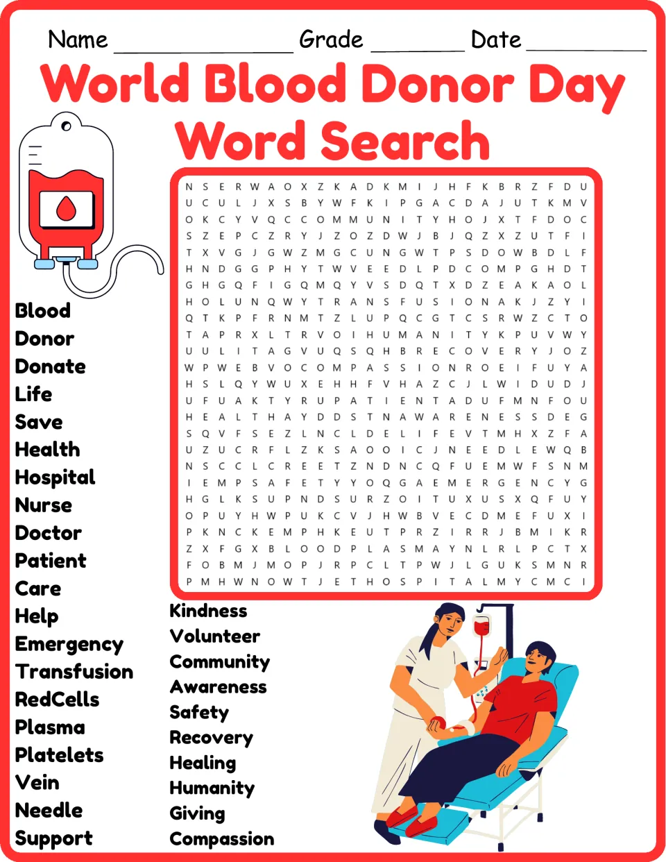 Blood donation word search in color: students find 30 words like donor, plasma and transfusion in a letter grid