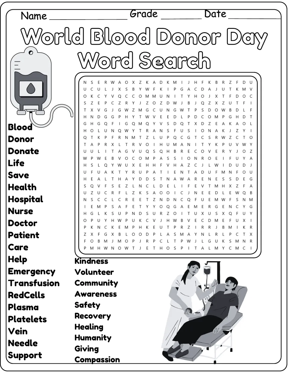 Blood donor word search, black-and-white: students find platelets, volunteer, compassion and 27 more hidden words