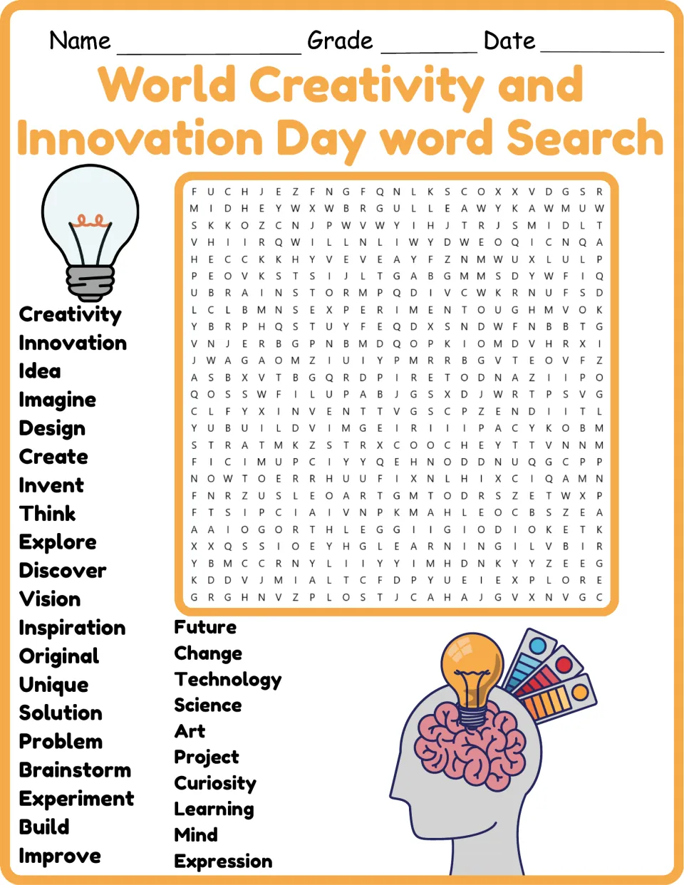 Color word search featuring 30 creativity words, including brainstorm, experiment, invention?