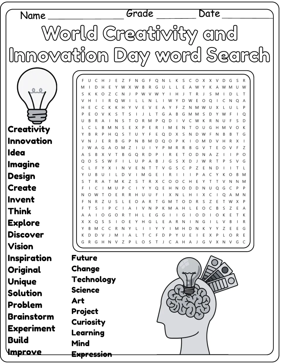 Black-and-white version of the 30-word search featuring creativity, innovation, imagine, and design.