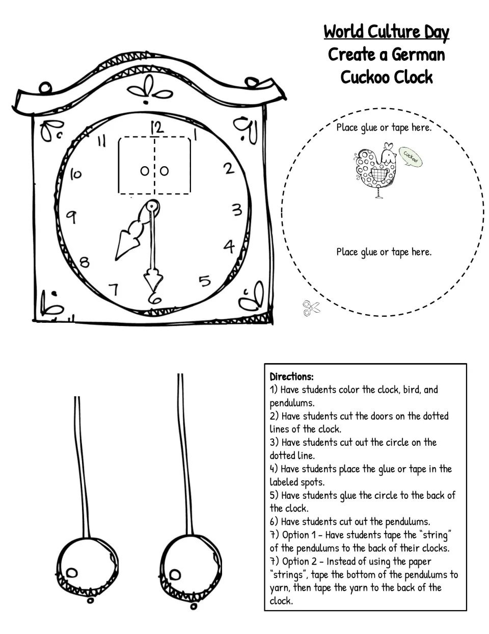 German cuckoo clock craft template: clock, bird backing, two pendulums, and coloring and assembly directions.