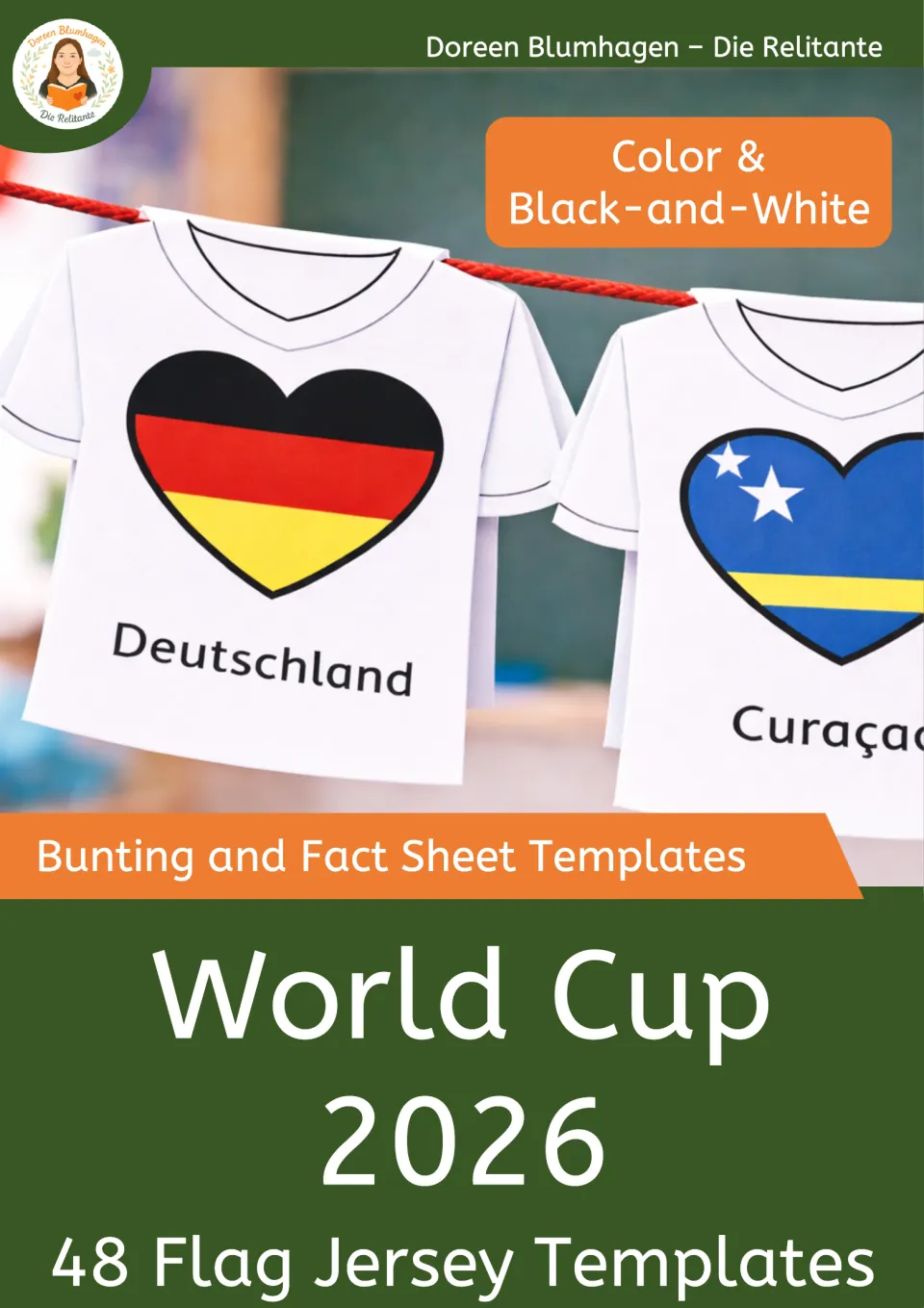 World Cup 2026 cover: bunting and fact sheet templates in color and black-and-white, with Germany and Curaçao jerseys