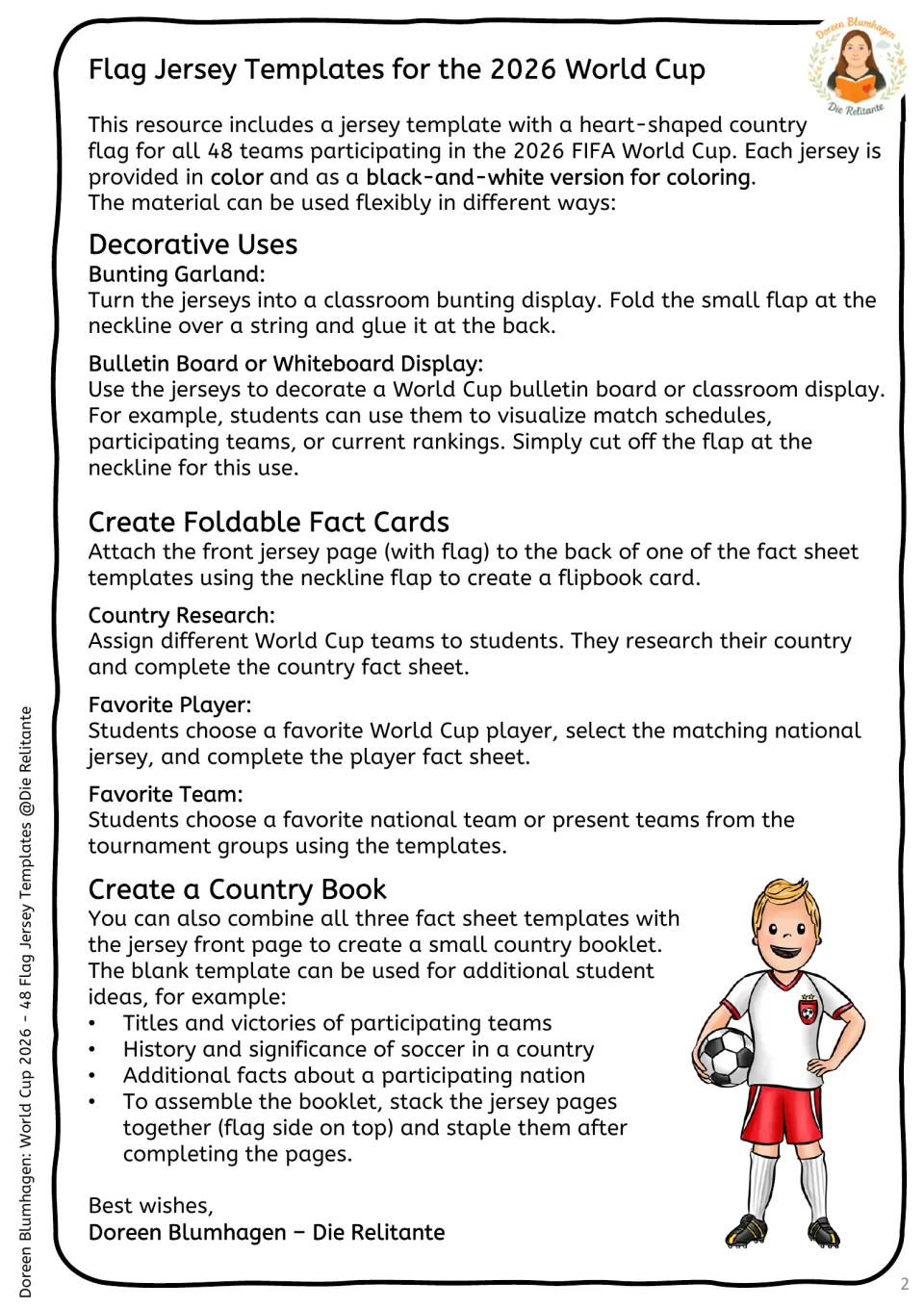 Teacher guide to using the jerseys as bunting, bulletin board display, player or country fact cards, and a country booklet