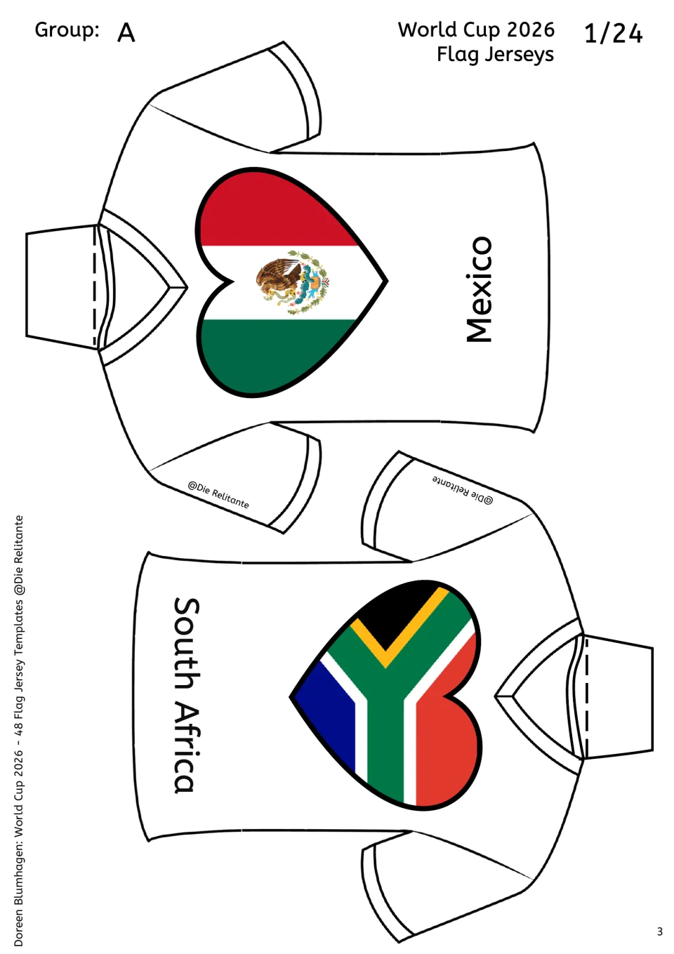 Group A flag jerseys for Mexico and South Africa: heart-shaped flags on jerseys to cut out, with a neckline fold flap