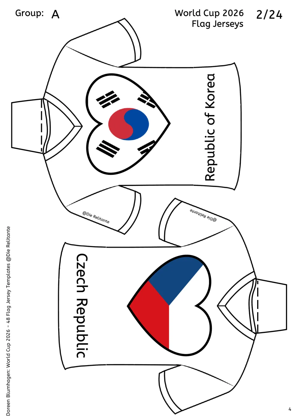 Group A jerseys for the Republic of Korea and Czech Republic, each with a heart-shaped national flag, ready to cut and fold