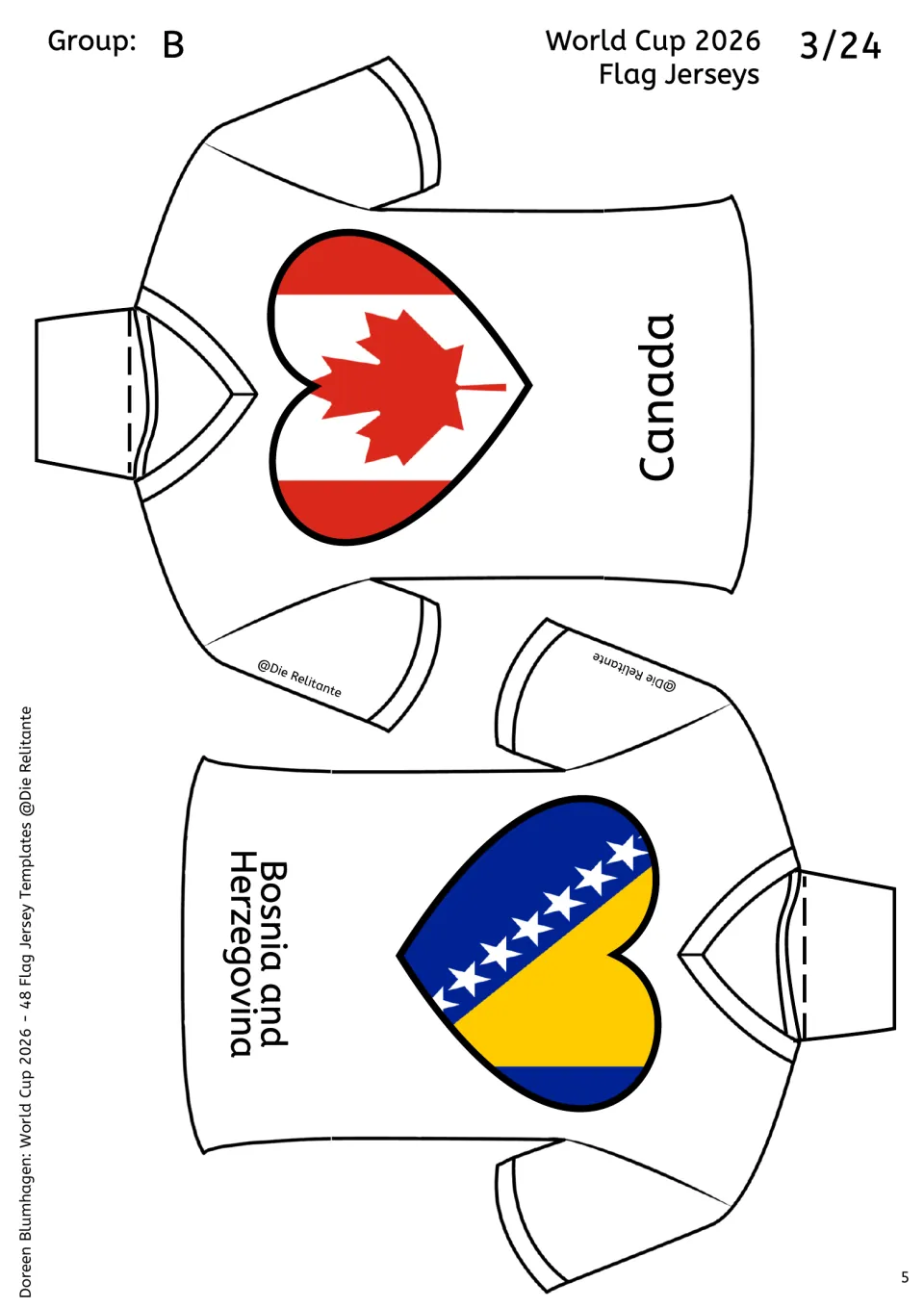 Group B flag jerseys for Canada and Bosnia and Herzegovina, with the maple leaf and blue-and-yellow star flags in hearts