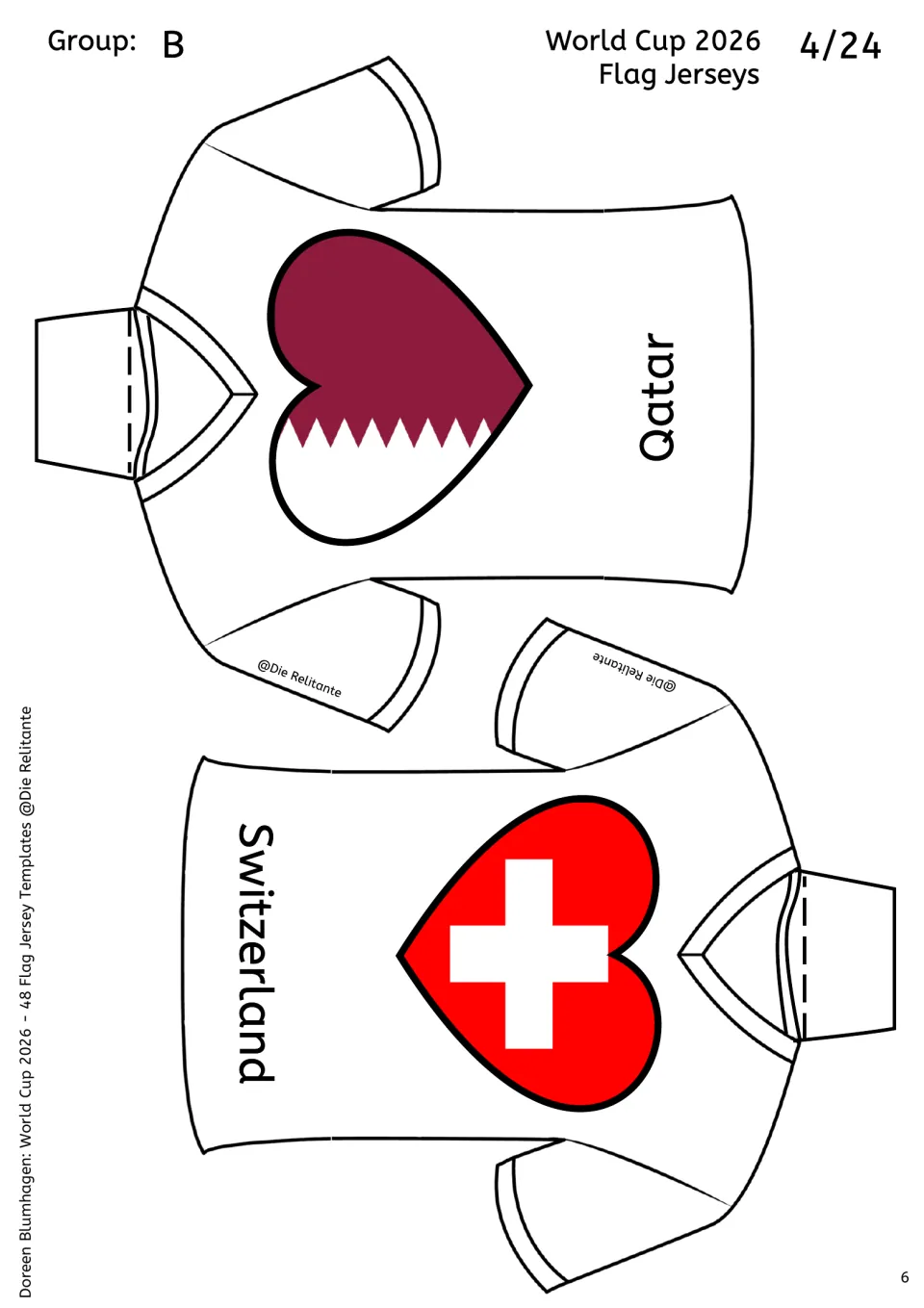 Group B jerseys for Qatar and Switzerland showing the maroon serrated flag and the white cross on red inside hearts