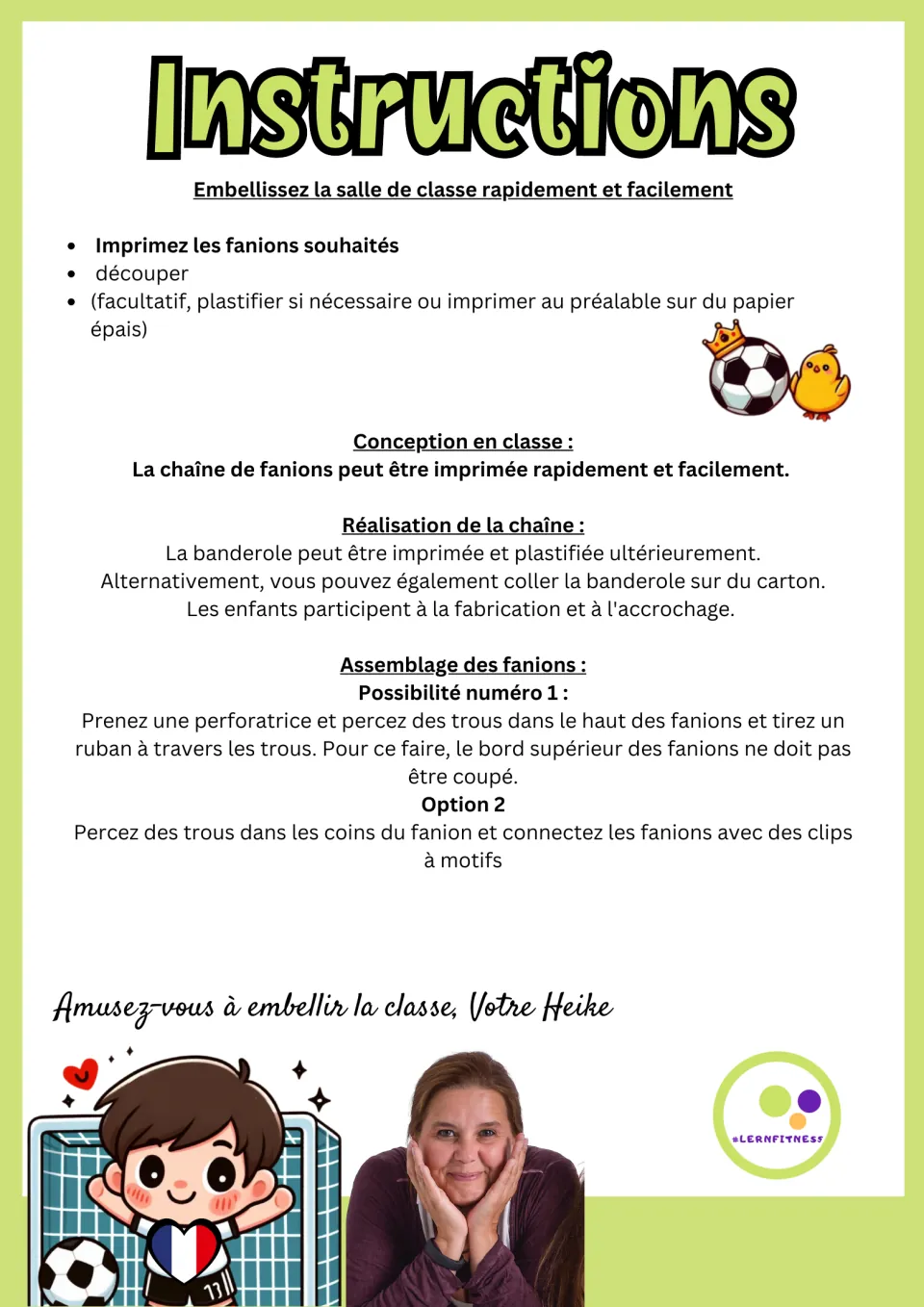 Instructions in French: print, cut out, optionally laminate the flags, then join with ribbon through punched holes or clips