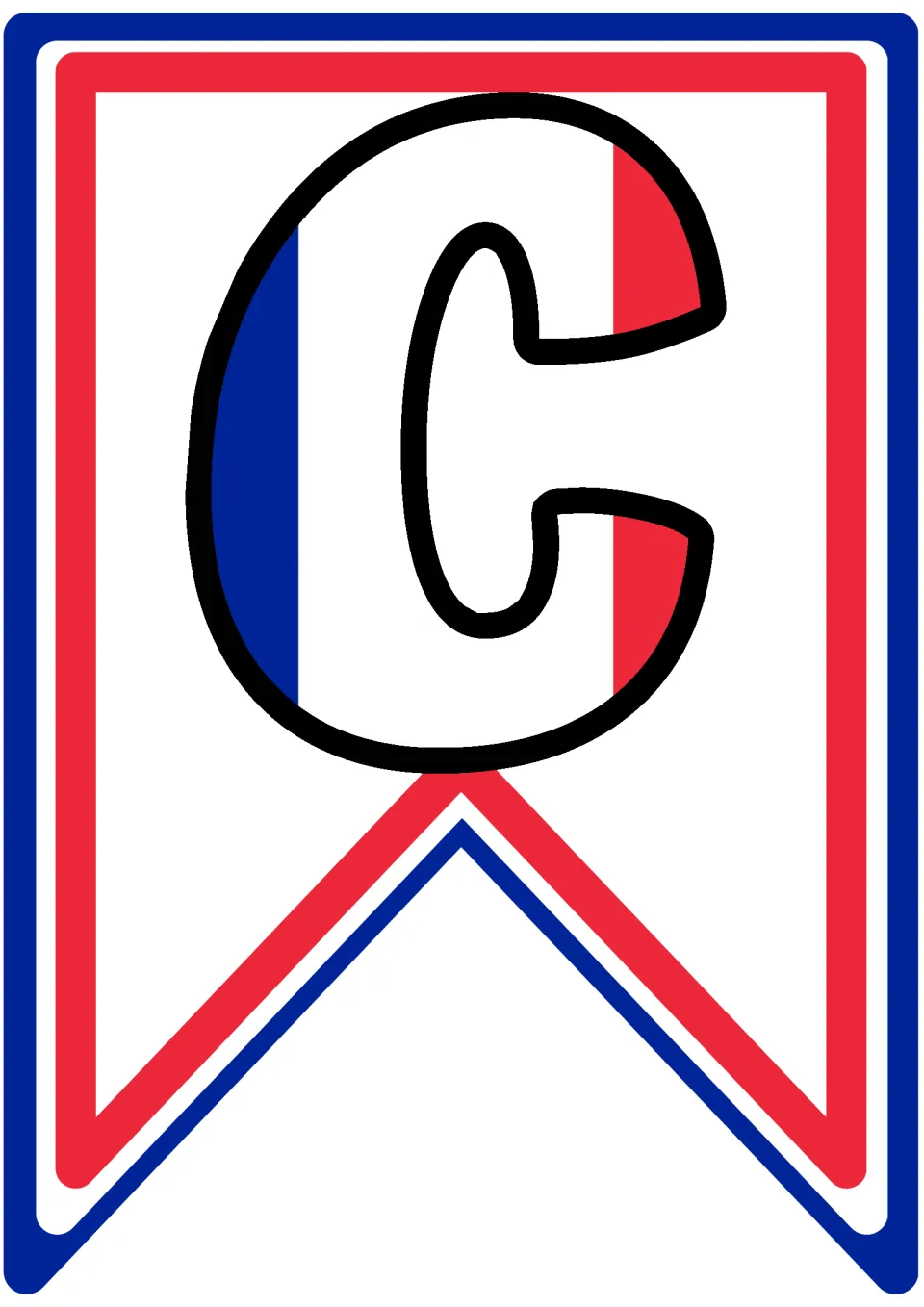 Letter C pennant filled with blue, white and red French flag stripes; the first flag of the word COUPE on the banner