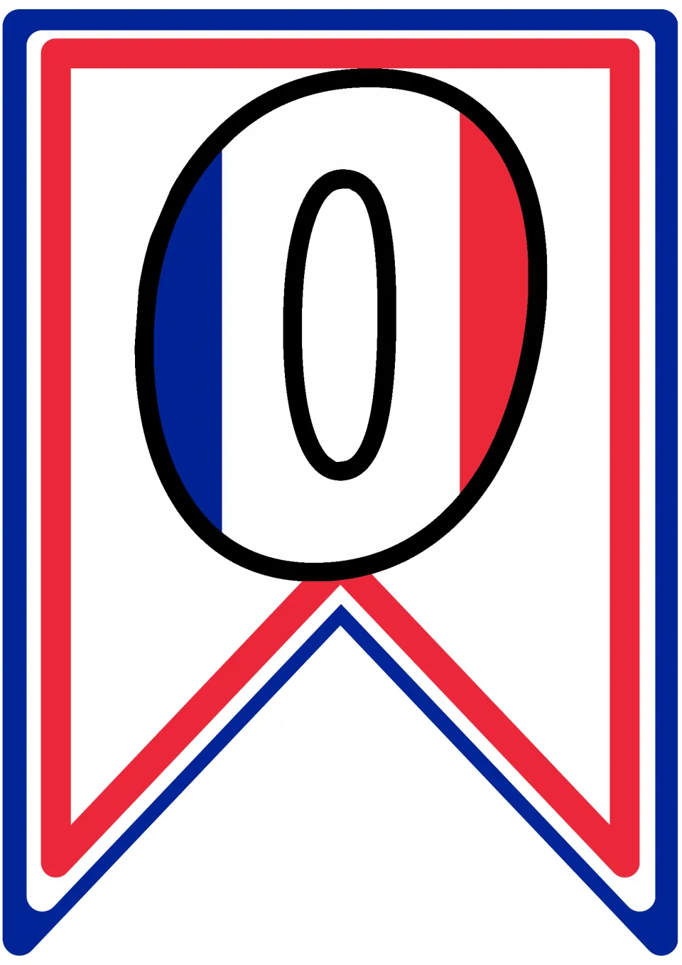 Letter O pennant in French flag colours, the second flag for spelling COUPE across the classroom banner