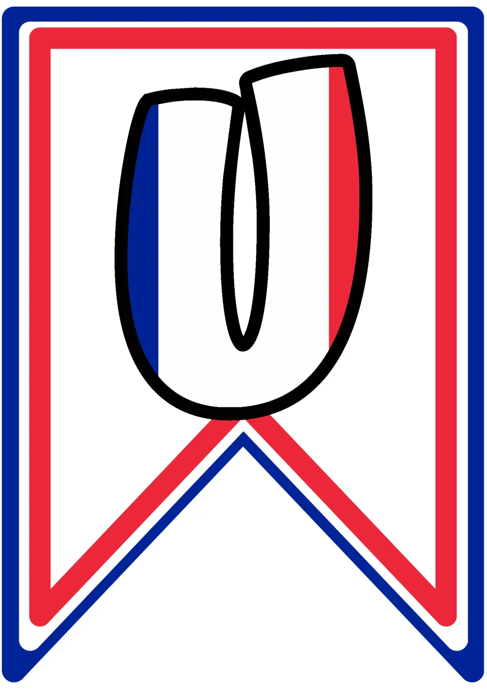 Letter U pennant with blue, white and red stripes, the third flag in the word COUPE on the classroom banner