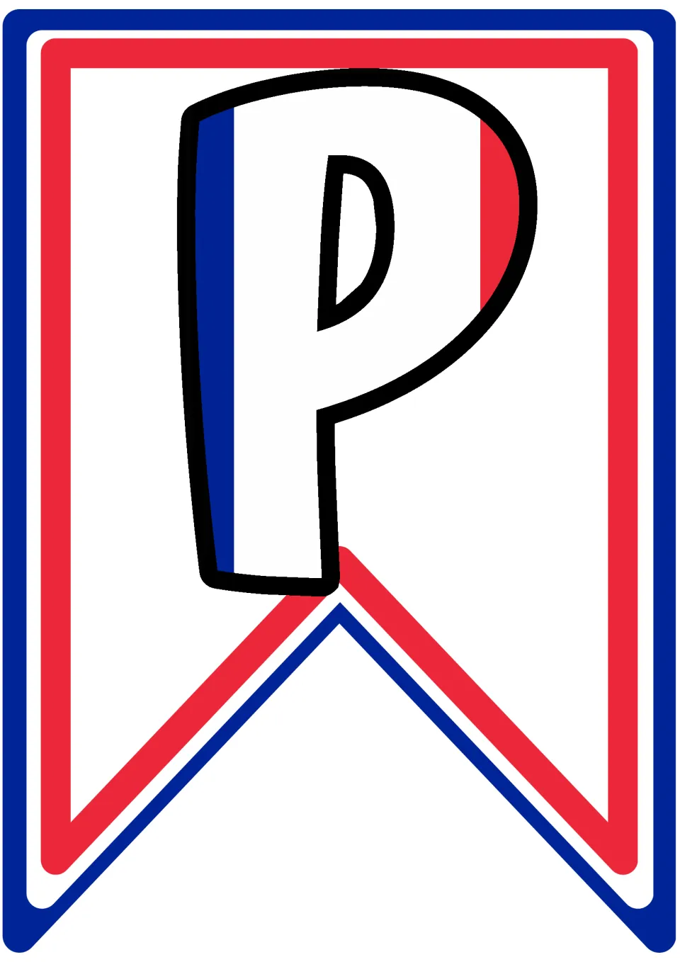 Letter P pennant in tricolour blue, white and red, the fourth flag spelling out COUPE on the classroom banner