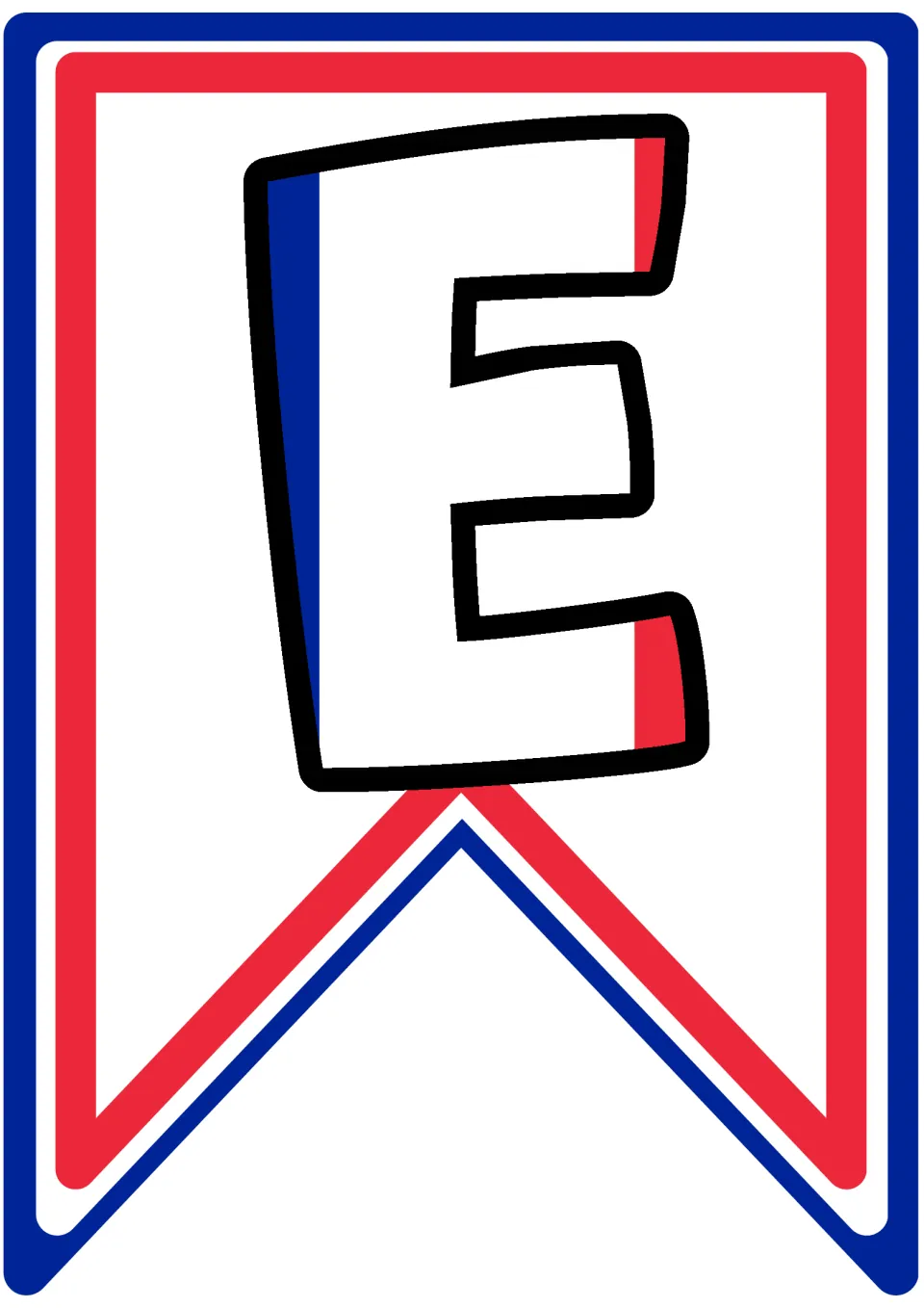 Letter E pennant filled with French flag stripes, the flag that closes the word COUPE on the World Cup banner