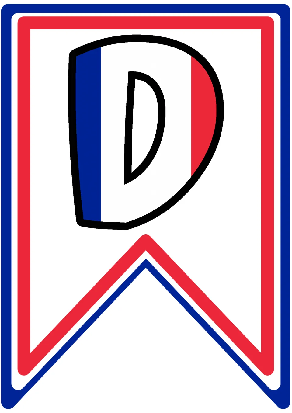 Letter D pennant in blue, white and red French flag stripes, the flag that starts the word DU on the banner