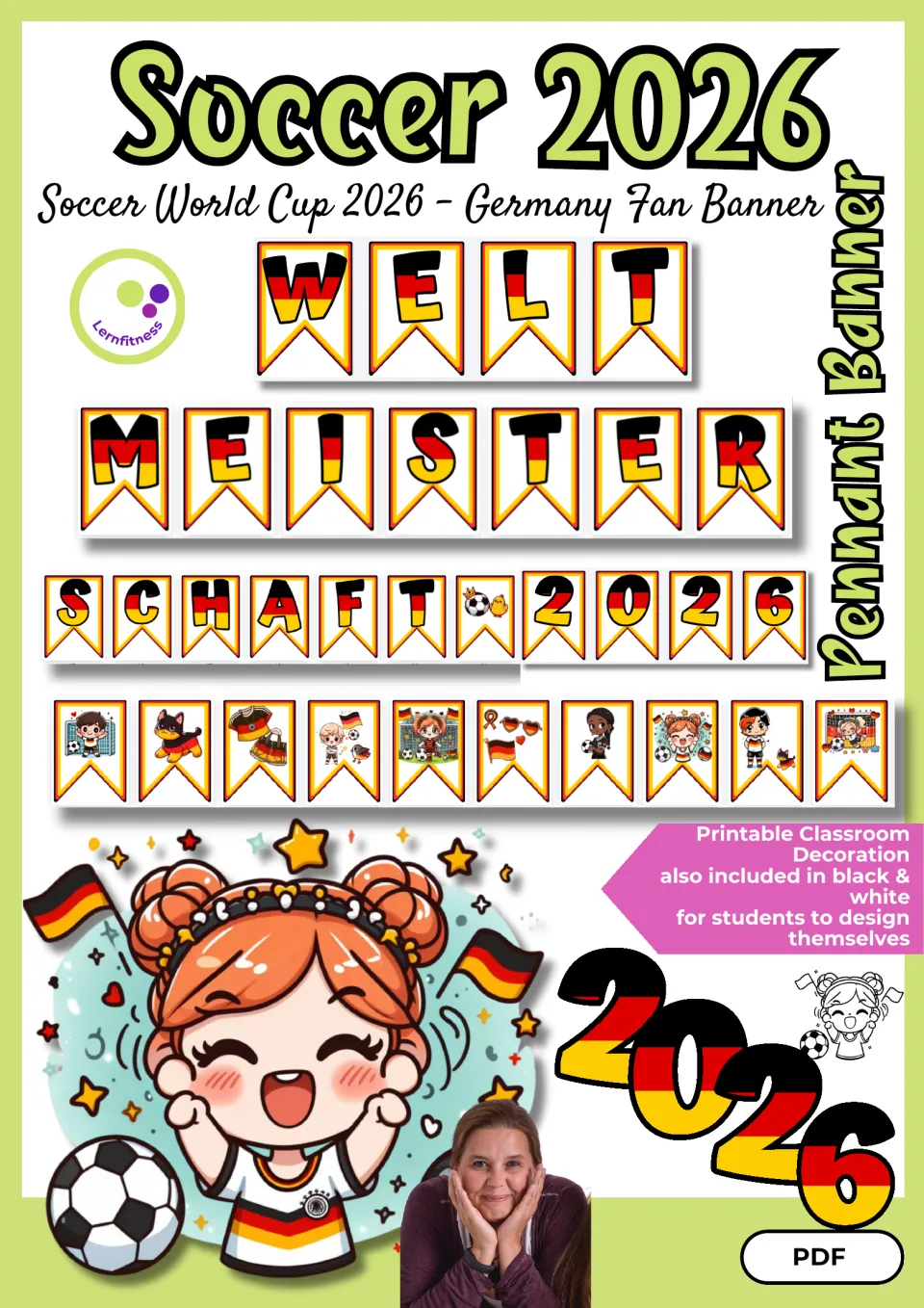 Soccer 2026 Germany fan pennant banner spelling WELTMEISTERSCHAFT 2026, with picture pennants and a black-and-white set