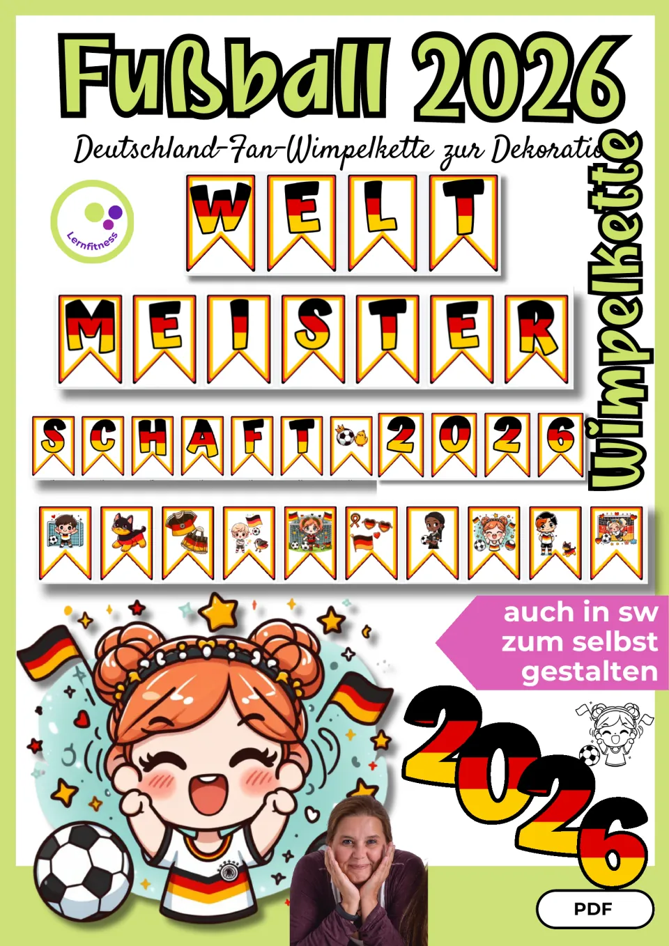 German cover, Fußball 2026 Wimpelkette: the same Germany fan banner letters and pictures, with a black-and-white version