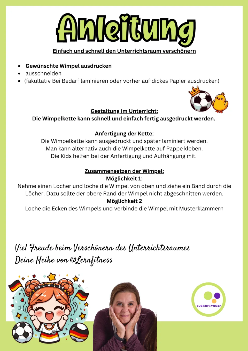 Anleitung: German setup steps for printing, cutting and laminating pennants and linking them with a hole punch or brads